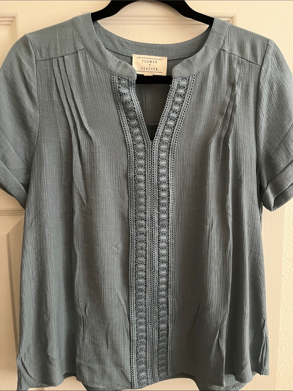 Flower + Feather Slate-Blue Embroidered Split-Neck Tunic Top
